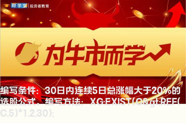 30日内连续5日总涨幅大于20%的选股公式