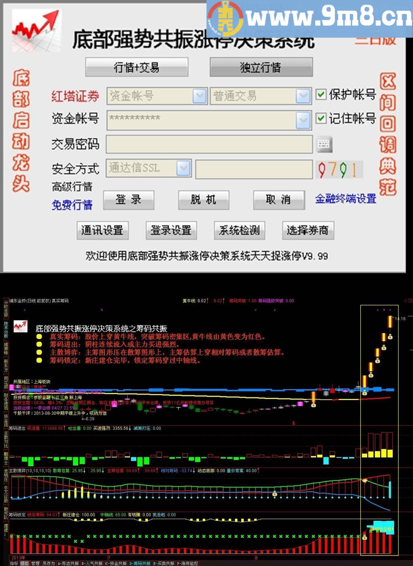 《底部强势共振涨停决策系统》之筹码共振“筹码锁定”副图指标