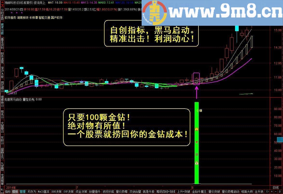 金钻指标 自创指标：黑马启动预警选股 通达信指标 九毛八公式指标网 精准出击 利润动心