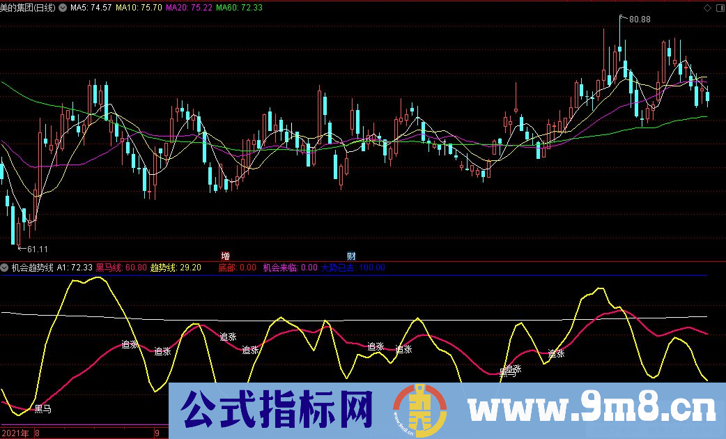 通达信机会趋势线 黑马线副图指标 源码 贴图
