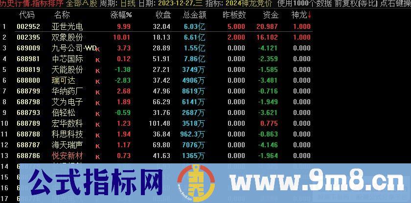 通达信【2024神龙竞价】竞价排序指标，信号全天不变！源码 贴图