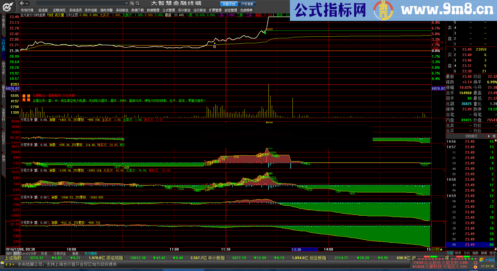 大智慧分笔主副图分时公式 在徐州老师的分时T+0基础上加入南川三代修正，再放上分笔资金五单